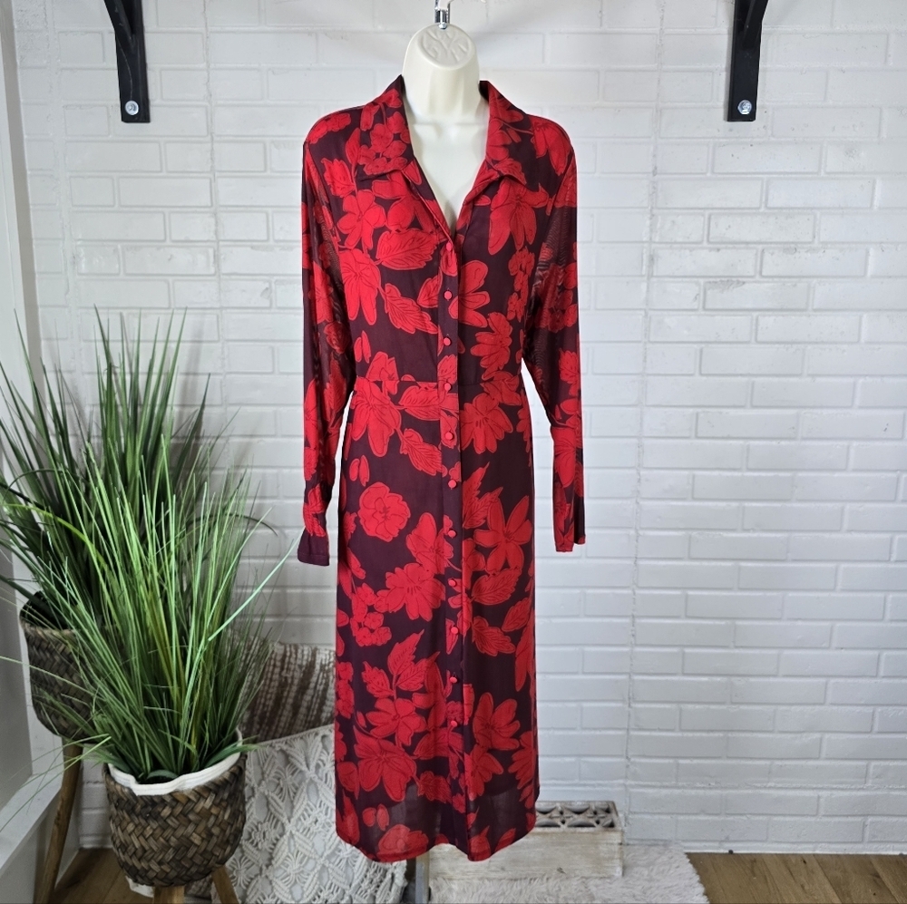 CAbi Red Floral Button Down Mesh Jersey Long Midi Sleeve Shirt Dress Large